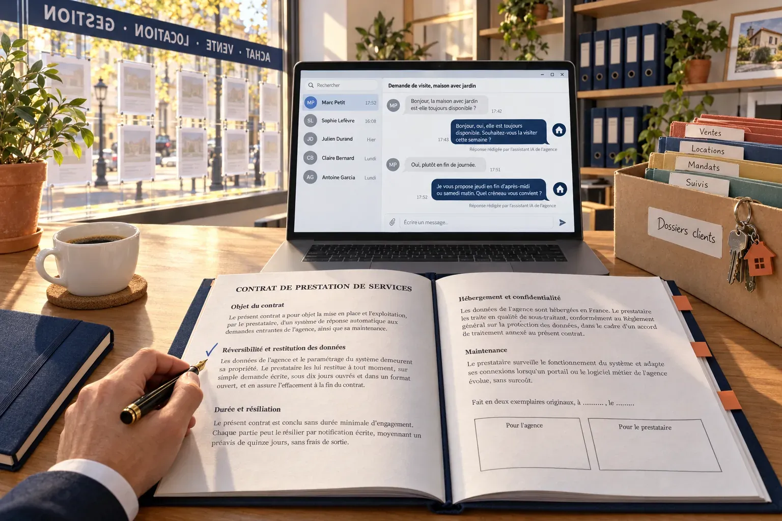 Sur une table d'agence, une main coche la clause de réversibilité d'un contrat, devant un ordinateur ouvert sur une conversation avec un prospect et une boîte de dossiers clients.