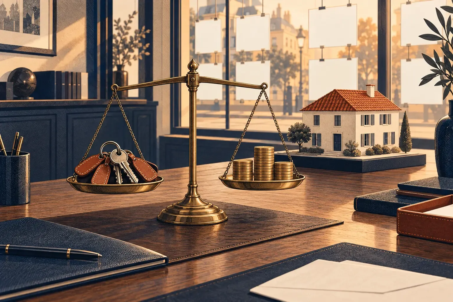 Le bureau d'un directeur d'agence : une balance de laiton porte un trousseau de clés d'un côté et des piles de pièces de l'autre, devant la maquette d'une maison.