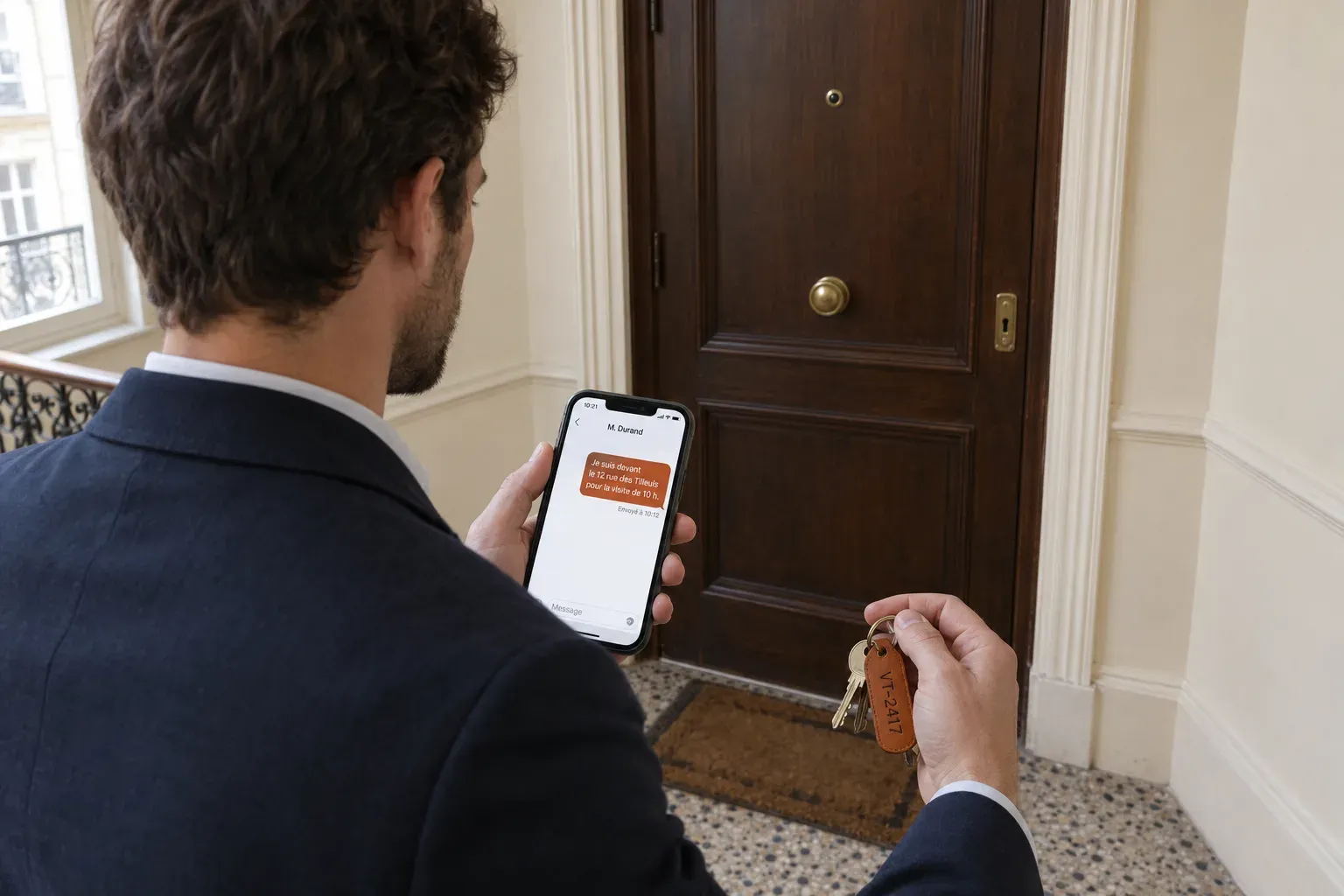 Sur le palier d'un immeuble ancien, un négociateur attend devant une porte fermée, clés en main. Sur son téléphone, le SMS envoyé à 10 h 12 pour la visite de 10 h est sans réponse.