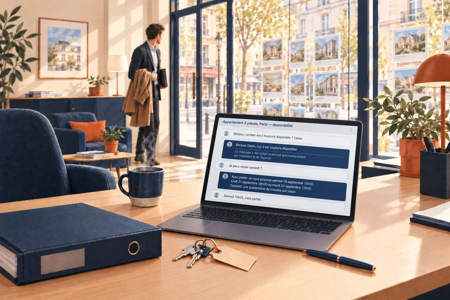 Le matin dans une agence : sur l'écran d'un négociateur, un échange email avec une acquéreuse se termine par une visite confirmée, et des clés attendent sur le bureau.