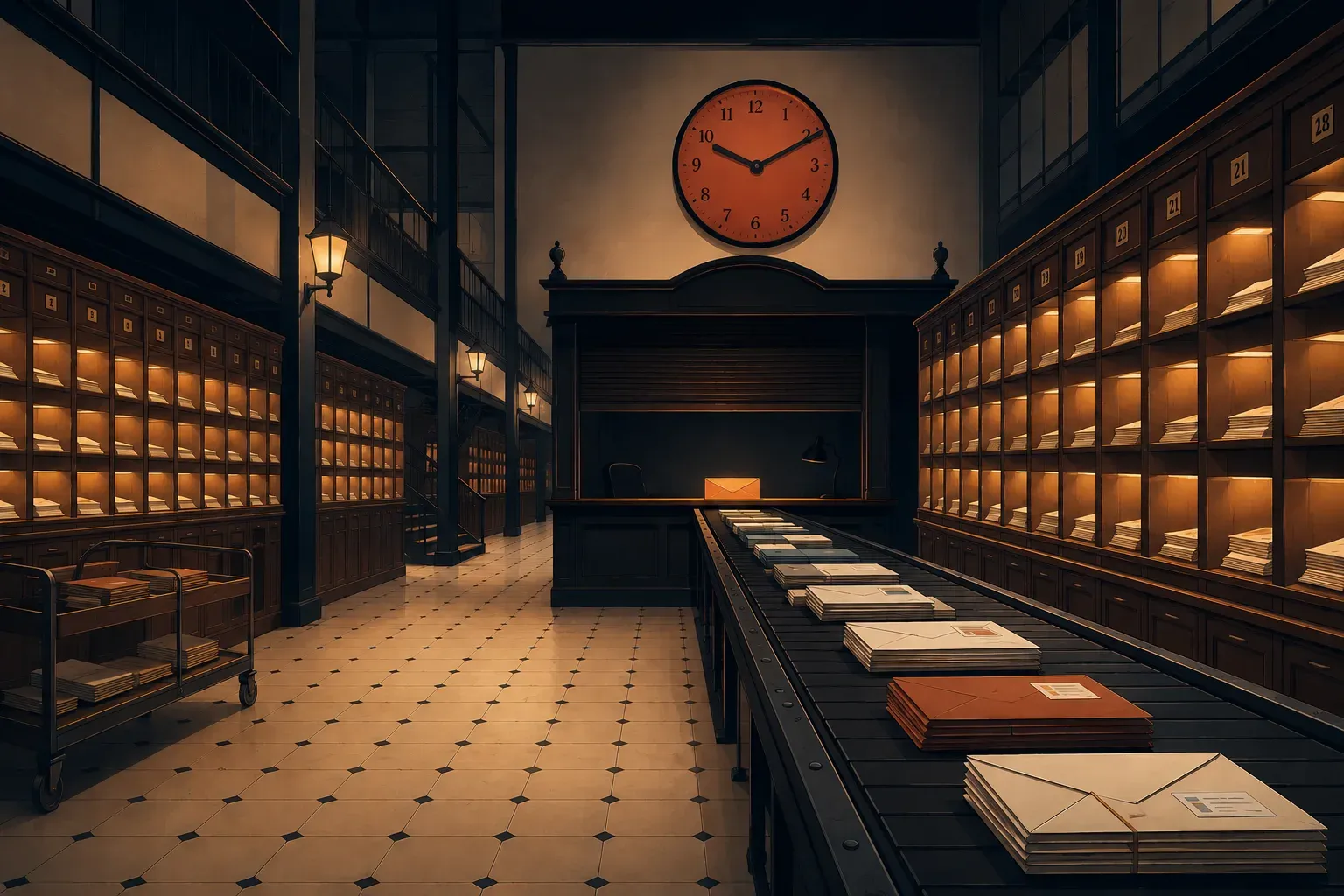Un centre de tri de courrier la nuit : casiers numérotés pleins, tapis roulant chargé de lettres, comptoir fermé, une enveloppe seule éclairée, horloge sur 22 h 10.